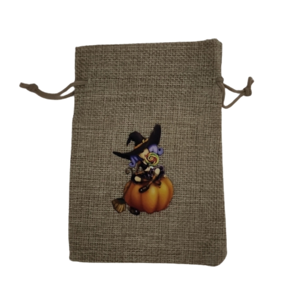 10 Pack- Halloween Burlap Gift Bag w/drawstring, Witch on PumpkinDesign